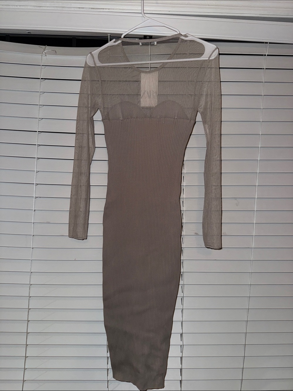 Zara Taupe Ribbed Midi Dress with Sheer Long Sleeves - Picture 5 of 6